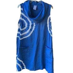 Match Point 100% Linen Lagenlook Cowl Neck Mini Dress/Tunic Top. Blue. Size S.